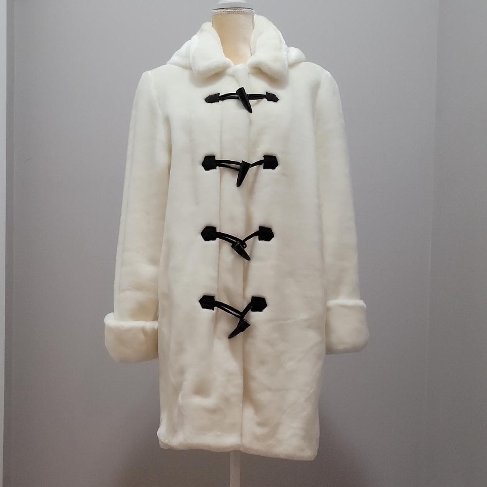 Dennis Basso Cream Plush Faux Fur Hooded Coat w/ Brown Toggles and Pockets Sz.S